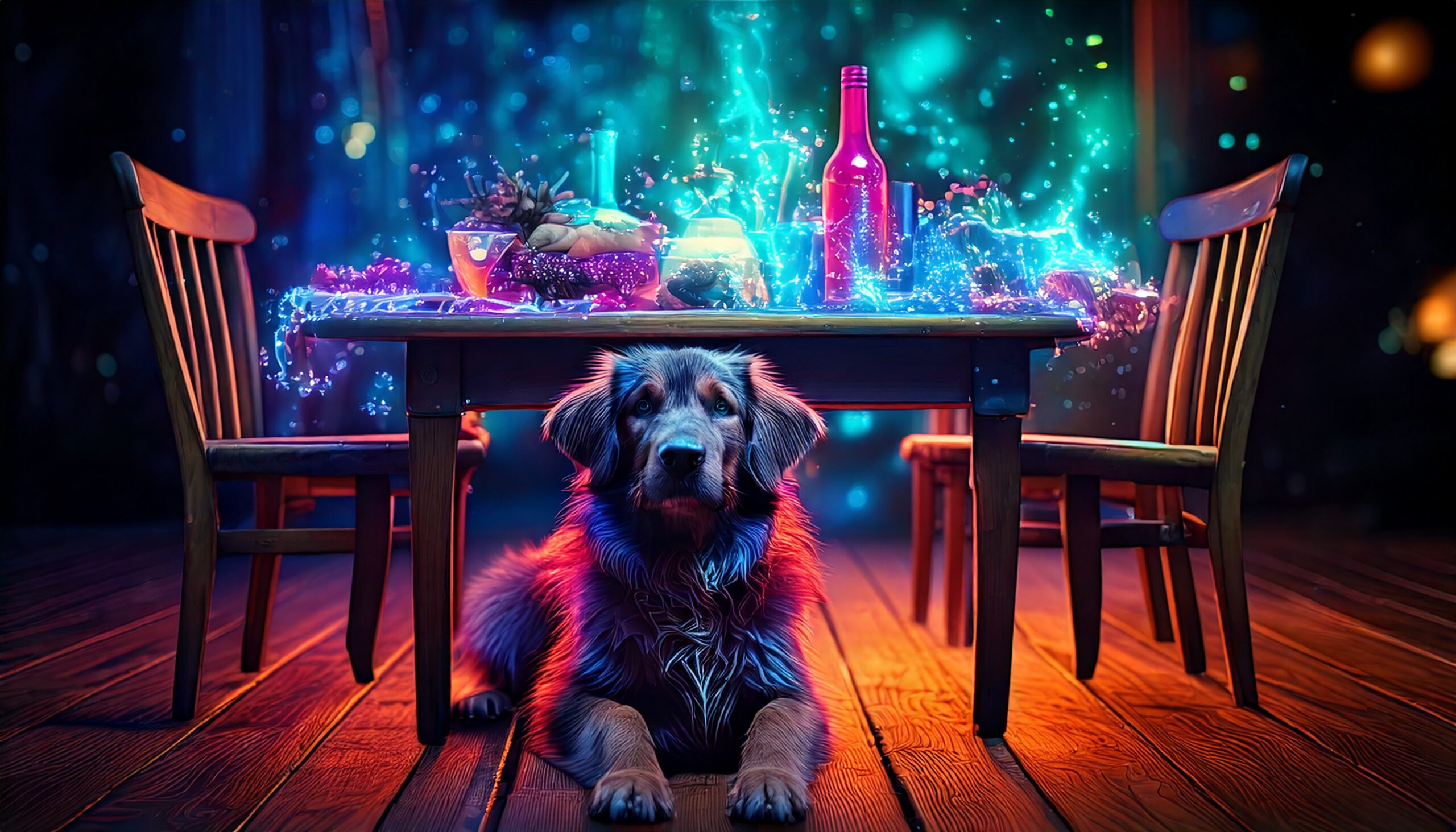 Ein Hund unter einem Tisch